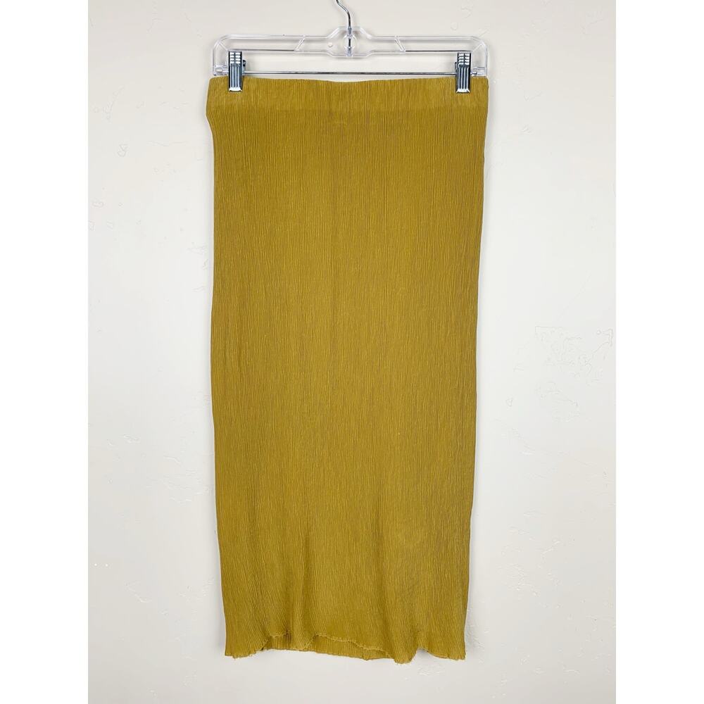 COS Cupro Silk Blend Plisse Pleated Crinkled Midi Skirt Yellow Tan Women's 6